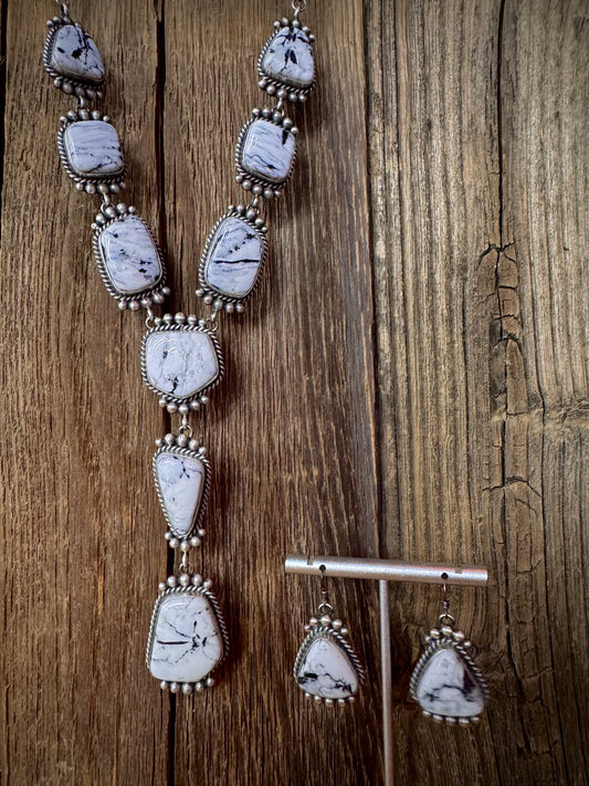 Native American White Buffalo Sterling Silver Lariat Necklace with Earrings