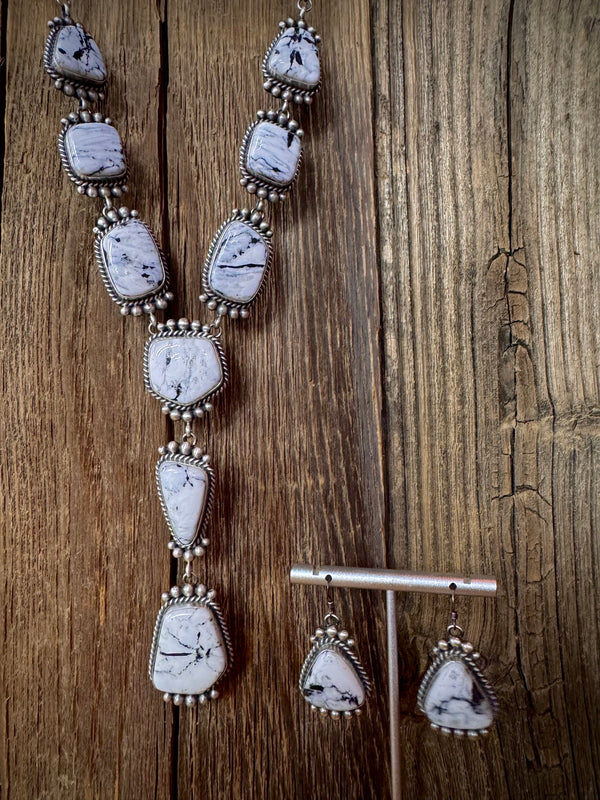 Native American White Buffalo Sterling Silver Lariat Necklace with Earrings
