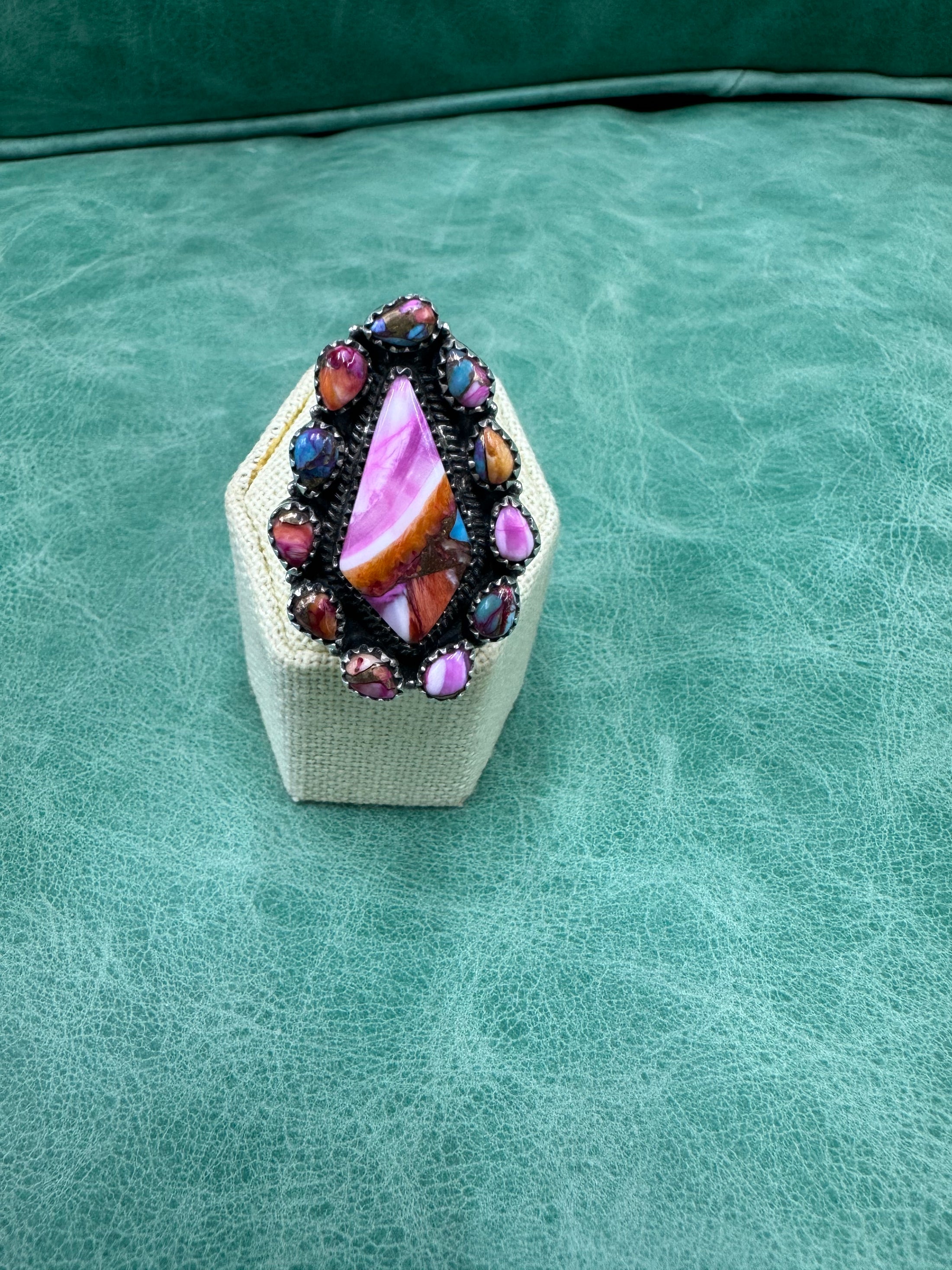 Native American Multi Color Spiny Oyster Sterling Silver Ring - Artist Stamped