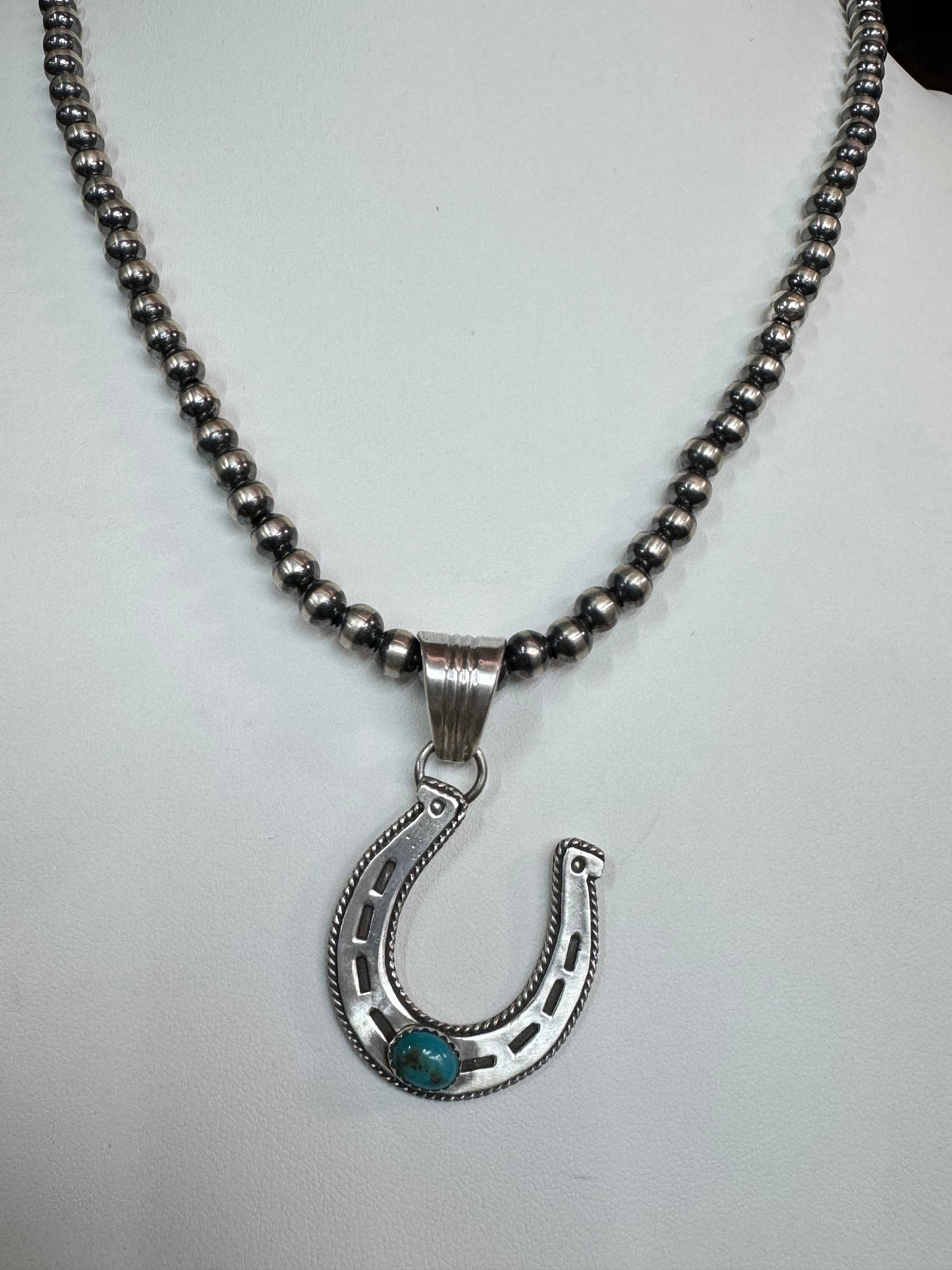 Native American Handmade Sterling Silver Horseshoe Pendant with Stone