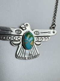 Russell Sam Handmade Native American Sterling Silver Thunderbird Necklace with Turquoise