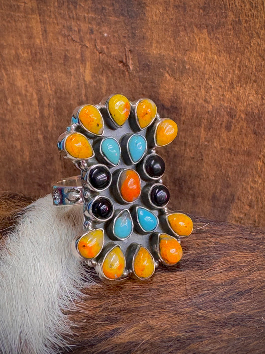 Beautiful Handmade Bumble Bee, Onyx Turquoise And Sterling Silver Adjustable Ring