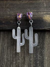Native American Handmade Sterling Silver Cactus Earrings with Purple and Orange Spiny Oyster