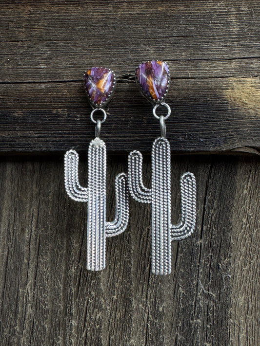 Native American Handmade Sterling Silver Cactus Earrings with Purple and Orange Spiny Oyster