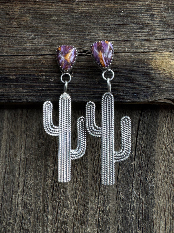 Native American Handmade Sterling Silver Cactus Earrings with Purple and Orange Spiny Oyster