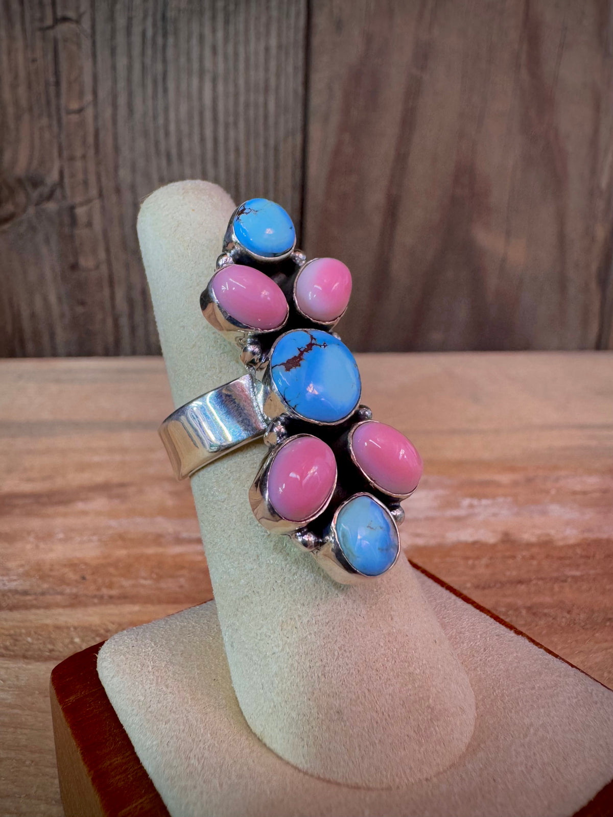 Beautiful Handmade Golden Hills Turquoise, Pink Conch And Sterling Silver Adjustable Ring