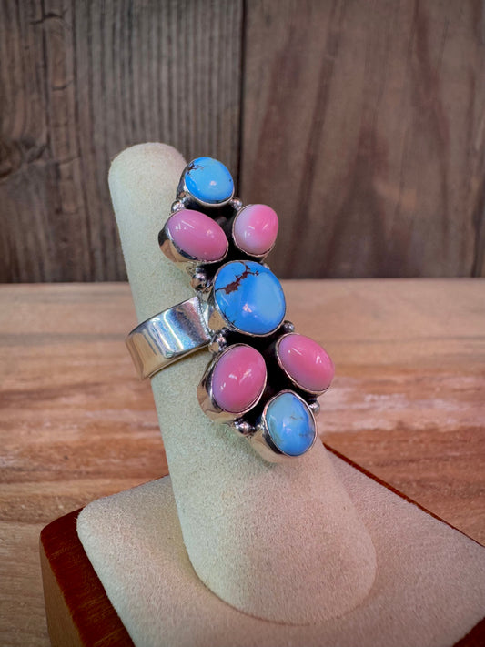 Beautiful Handmade Golden Hills Turquoise, Pink Conch And Sterling Silver Adjustable Ring