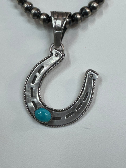 Native American Handmade Sterling Silver Horseshoe Pendant with Stone