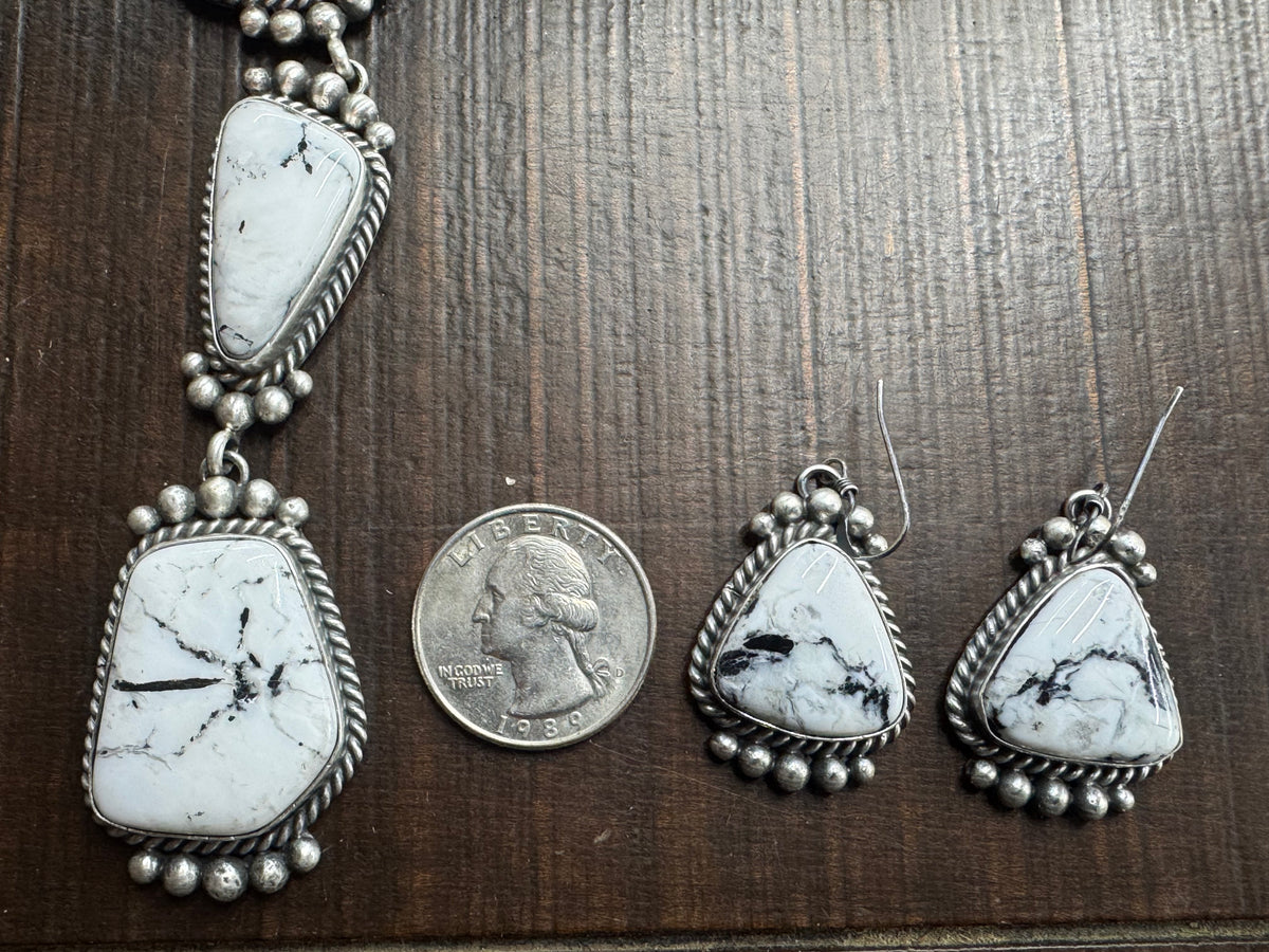 Native American White Buffalo Sterling Silver Lariat Necklace with Earrings