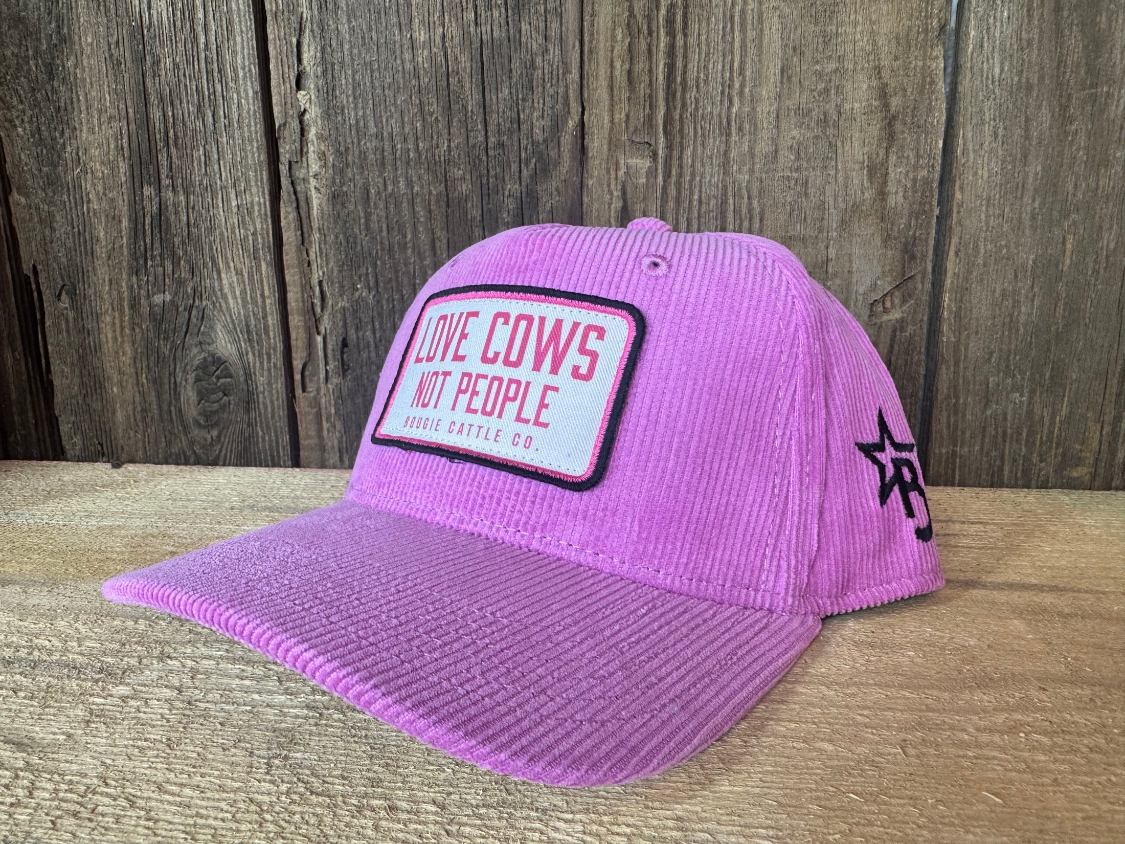 "Love cows, Not people" Pink Corduroy Patch Trucker Hat