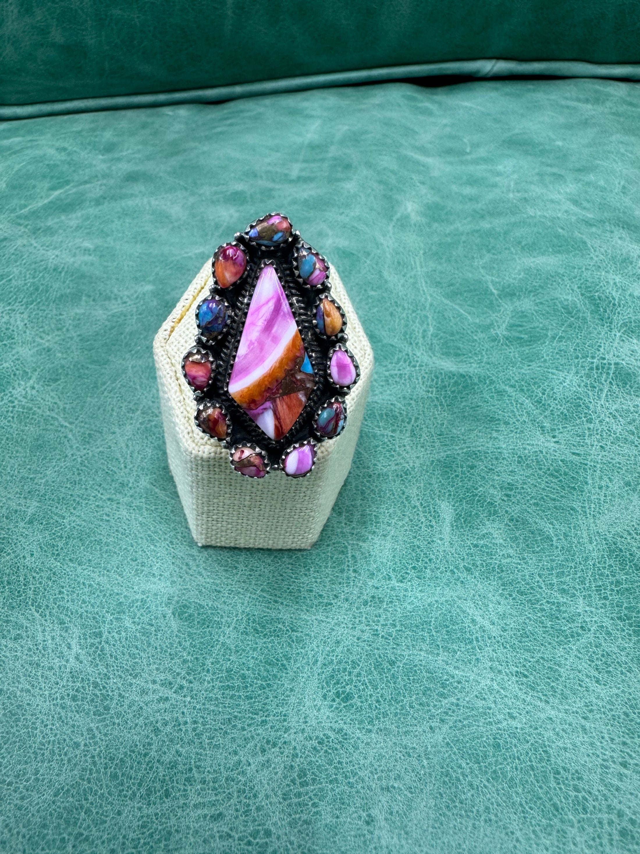 Native American Multi Color Spiny Oyster Sterling Silver Ring - Artist Stamped
