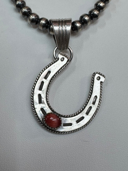 Native American Handmade Sterling Silver Horseshoe Pendant with Stone