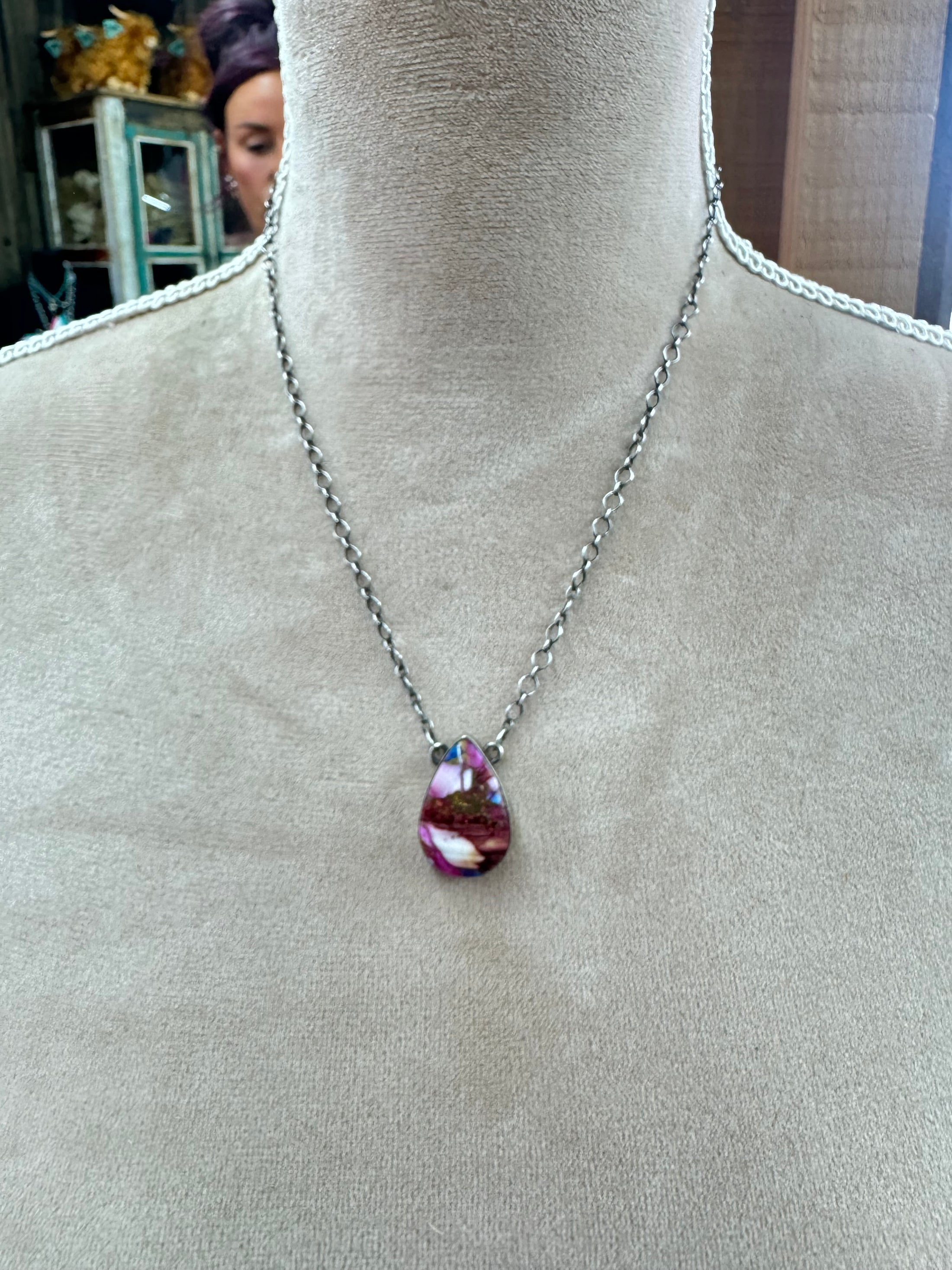 Multi Color Spiny Oyster Teardrop Sterling Silver Necklace