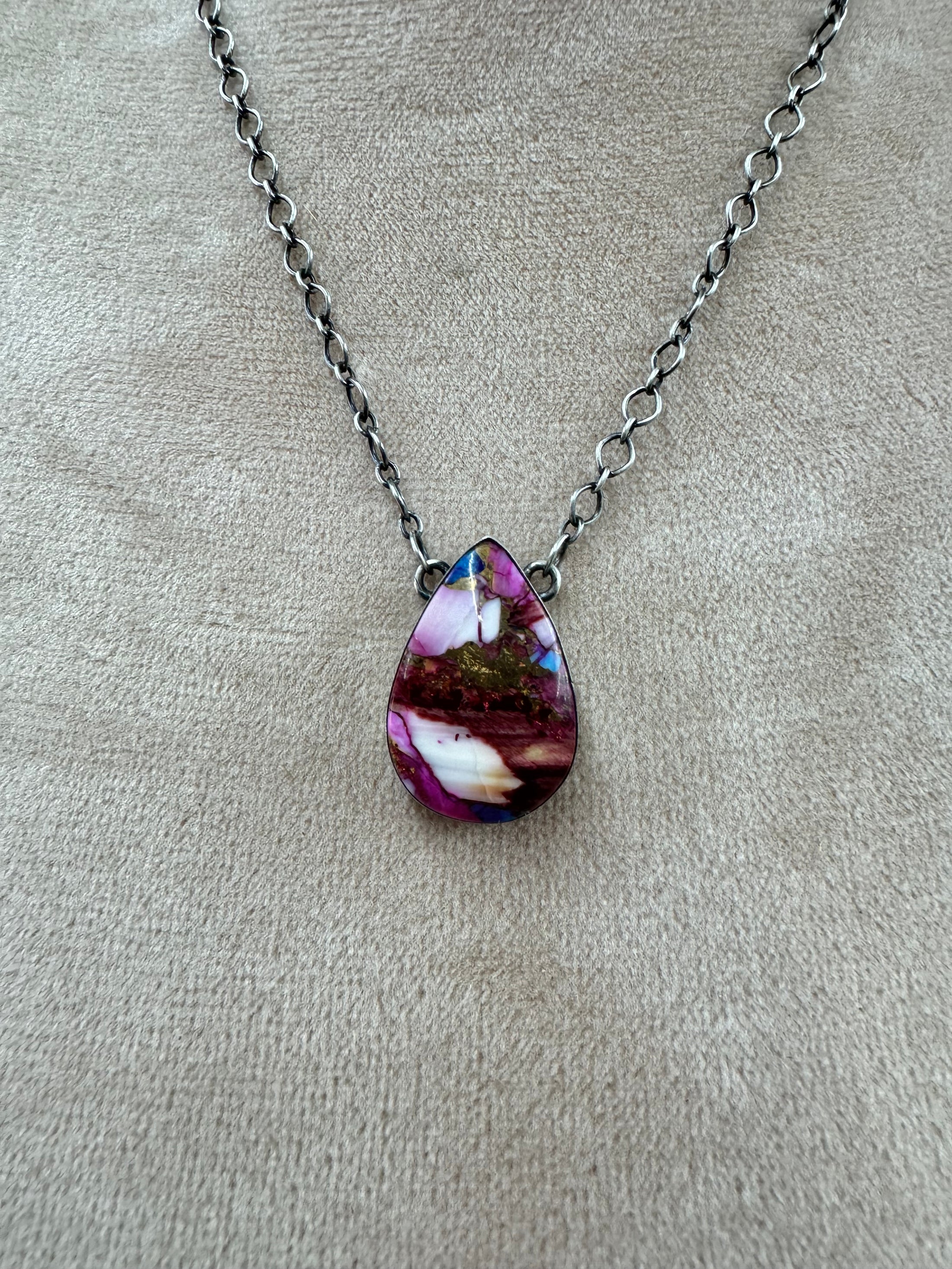 Multi Color Spiny Oyster Teardrop Sterling Silver Necklace