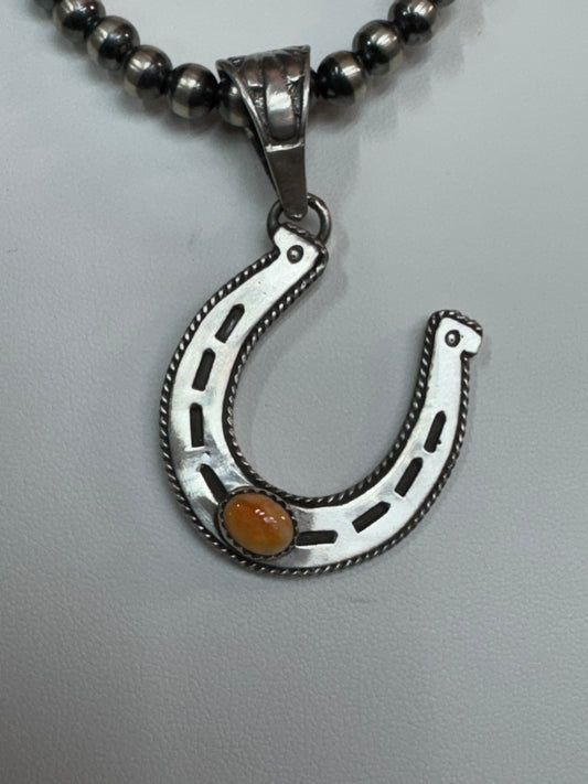 Native American Handmade Sterling Silver Horseshoe Pendant with Stone