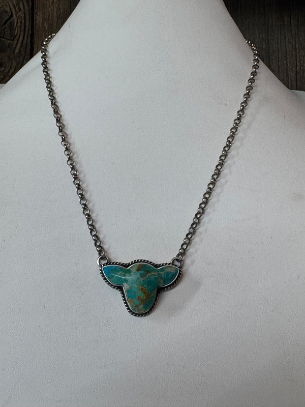 Handmade Turquoise Cow Head Sterling Silver Necklace