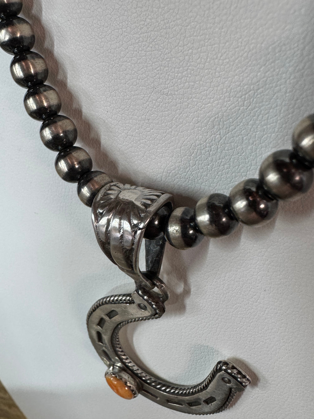 Native American Handmade Sterling Silver Horseshoe Pendant with Stone
