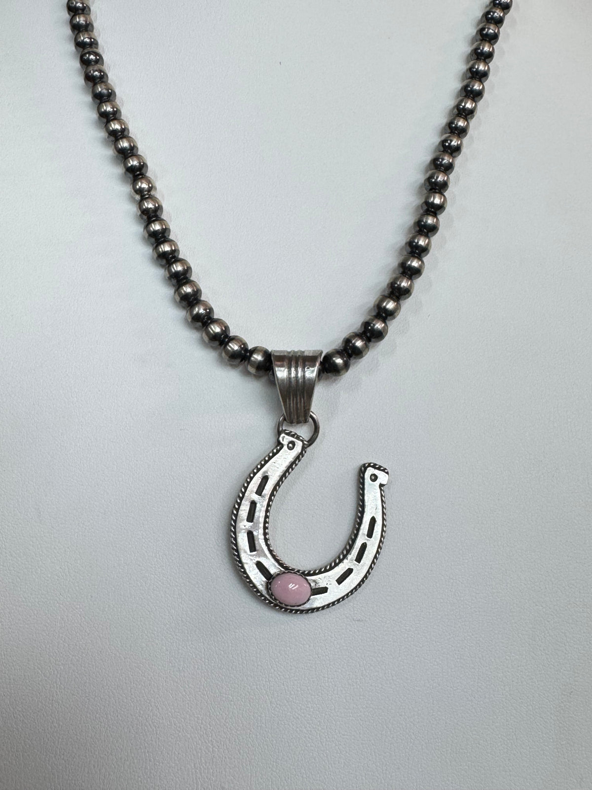 Native American Handmade Sterling Silver Horseshoe Pendant with Stone