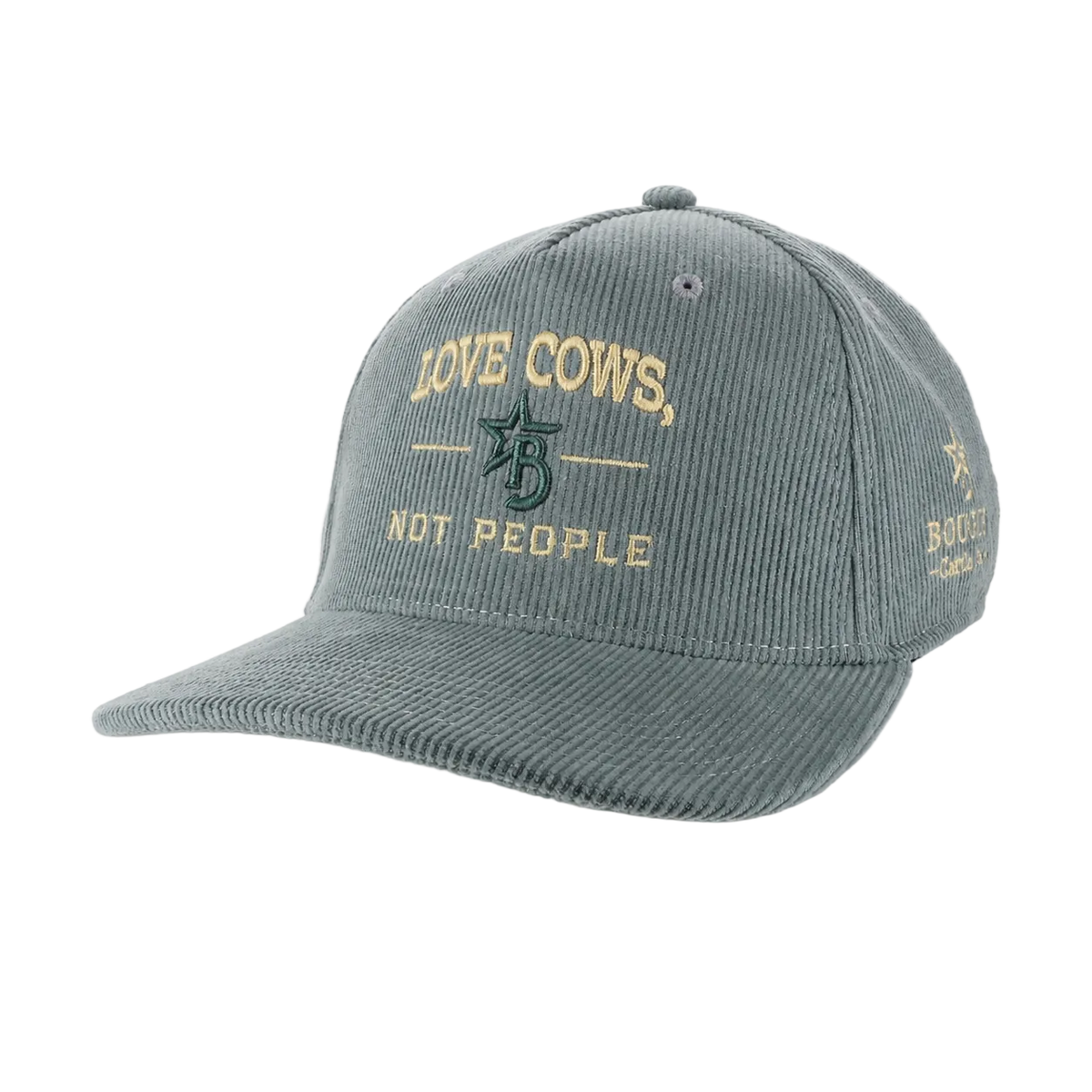 Gray cap with text 'Love Cows, Not People' on a white background