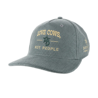 Gray cap with text 'Love Cows, Not People' on a white background