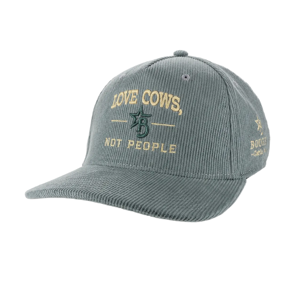 Gray cap with text 'Love Cows, Not People' on a white background
