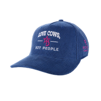 Blue cap with text 'Love Cows, Not People' on a white background