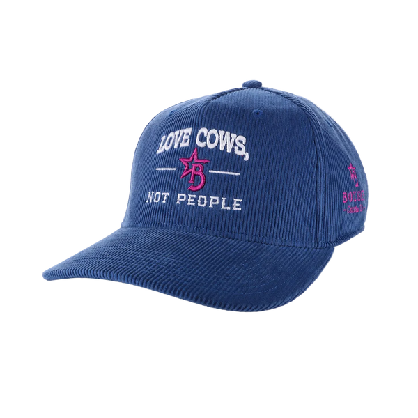 Blue cap with text 'Love Cows, Not People' on a white background