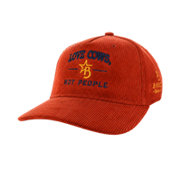 Orange cap with text 'Love Cows, Not People' on a white background