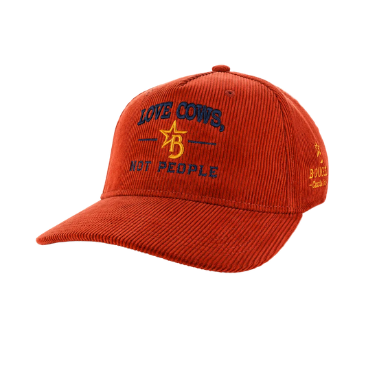 Orange cap with text 'Love Cows, Not People' on a white background