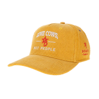 Yellow cap with text and logo on a white background