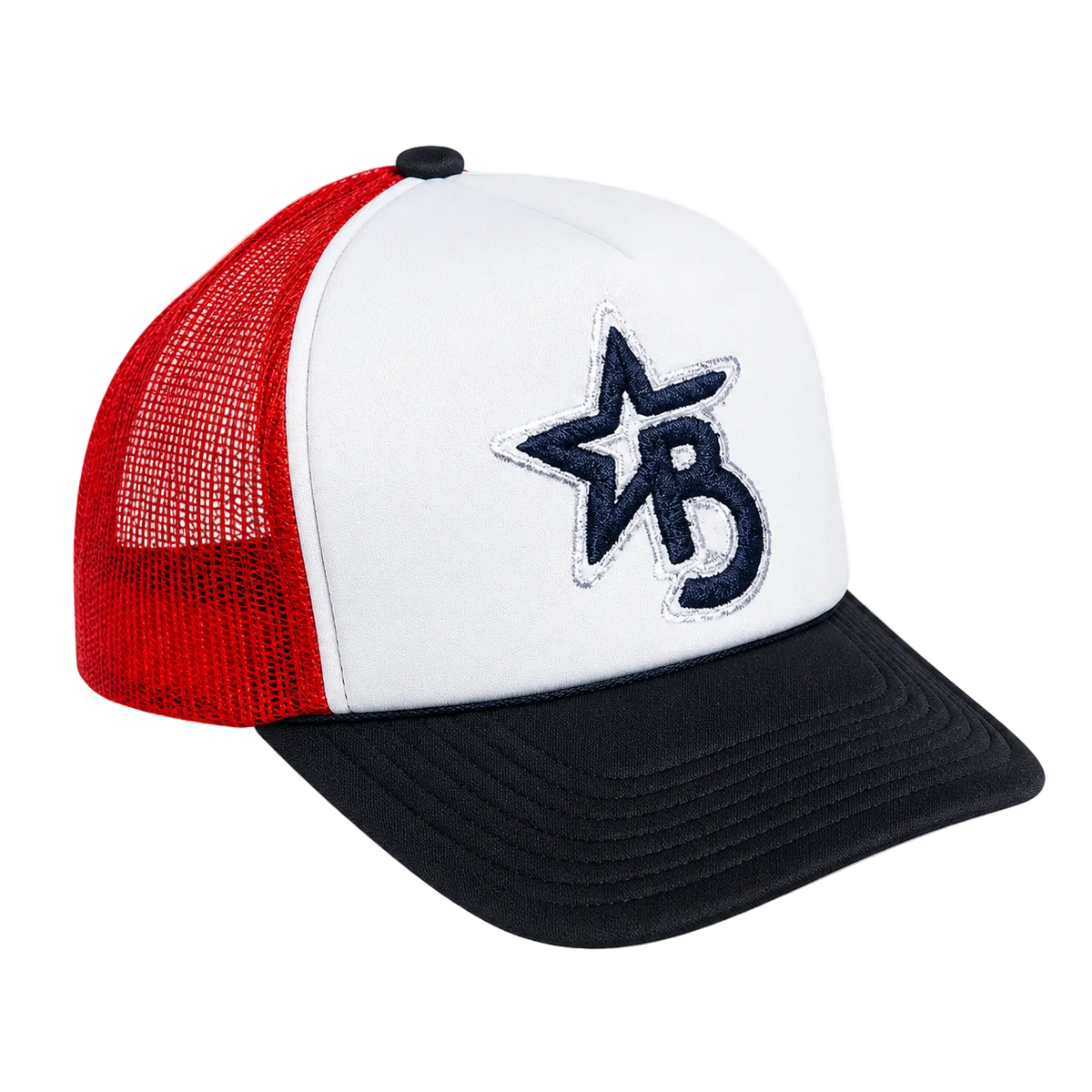 Trucker hat with red mesh back, white front panel, and black brim on a transparent background