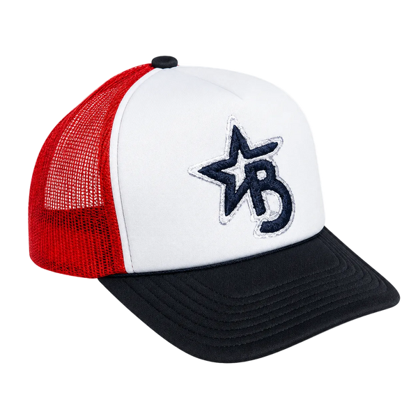 Trucker hat with red mesh back, white front panel, and black brim on a transparent background