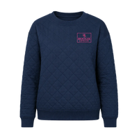 Navy blue quilted sweatshirt with a pink logo on a white background