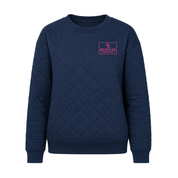 Navy blue quilted sweatshirt with a pink logo on a white background