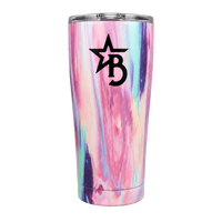 Multicolored marbled tumbler with a black logo on a white background