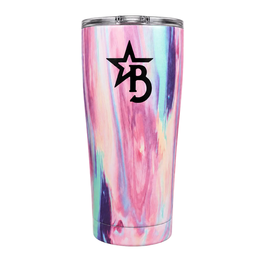 Multicolored marbled tumbler with a black logo on a white background