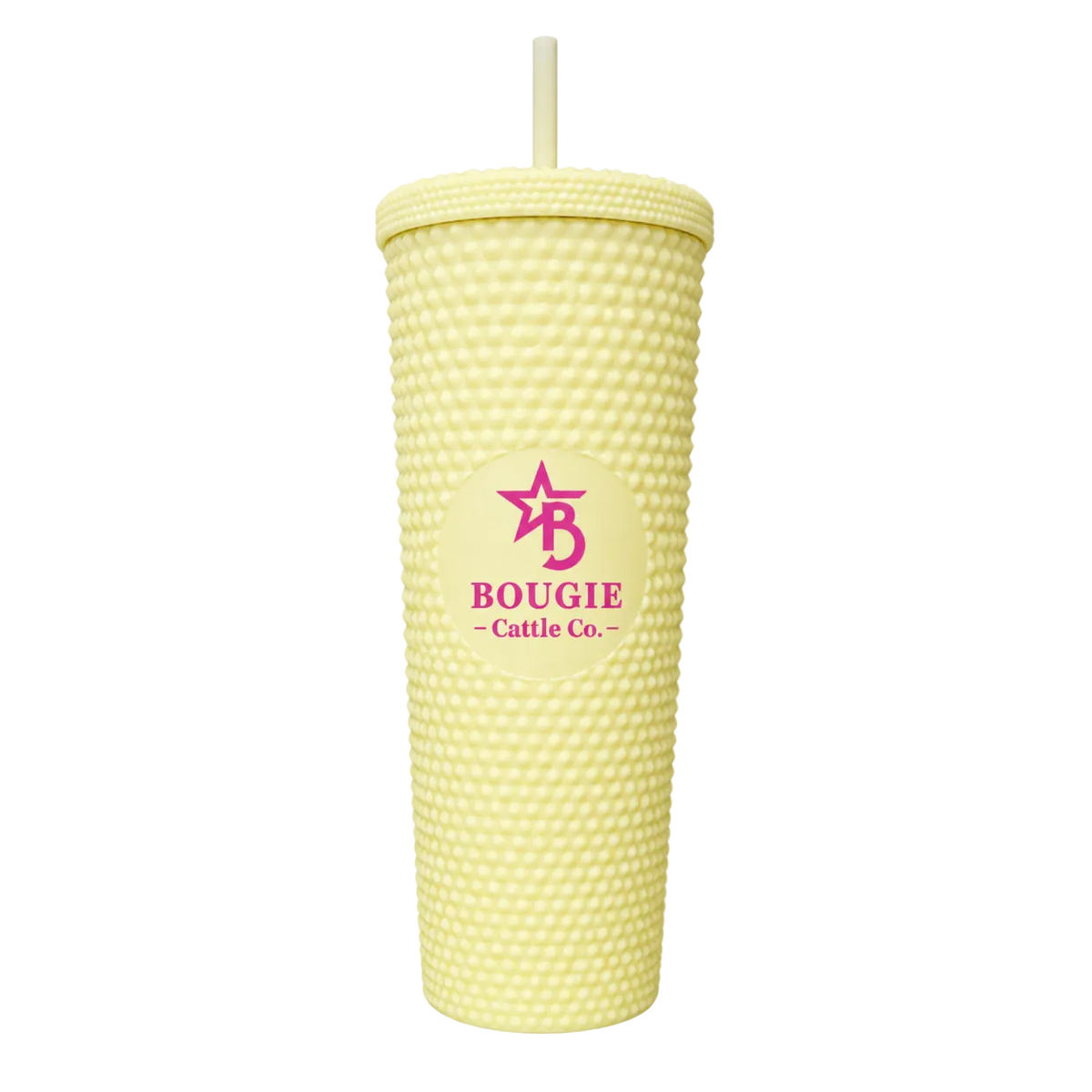 Yellow textured tumbler with a straw featuring the 'Bougie Cattle Co.' logo on a white background.
