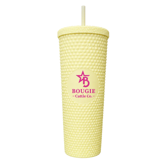 Yellow textured tumbler with a straw featuring the 'Bougie Cattle Co.' logo on a white background.