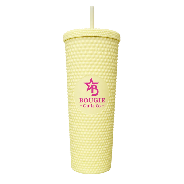 Yellow textured tumbler with a straw featuring the 'Bougie Cattle Co.' logo on a white background.
