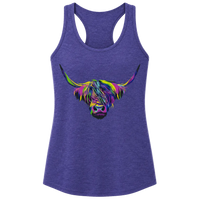 Blue tank top with a colorful cow design on a white background