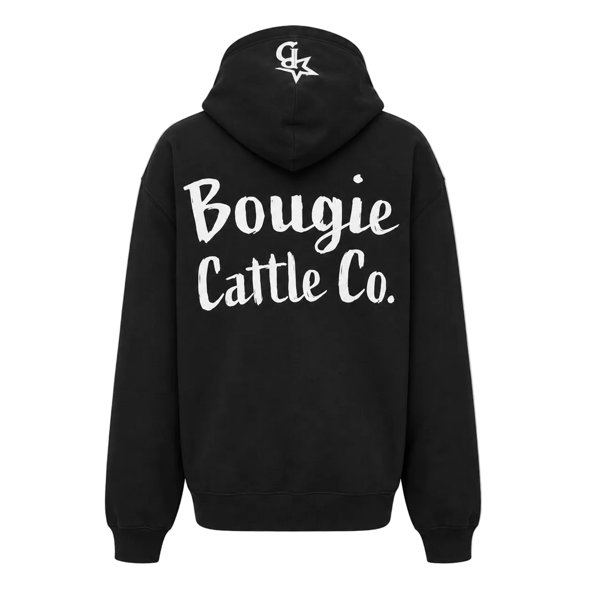 Black hoodie with 'Bougie Cattle Co.' text on the back against a transparent background