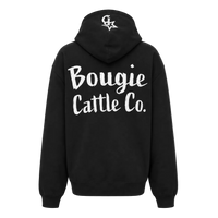 Black hoodie with 'Bougie Cattle Co.' text on the back against a transparent background