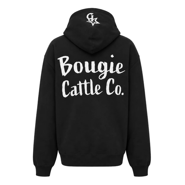 Black hoodie with 'Bougie Cattle Co.' text on the back against a transparent background