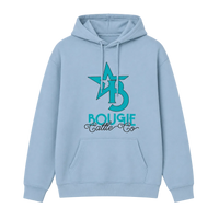 Light blue hoodie with a star and text design on a transparent background