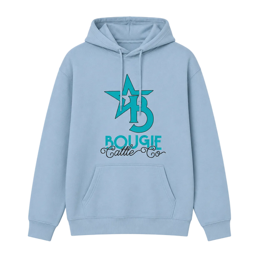 Light blue hoodie with a star and text design on a transparent background