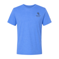 Blue t-shirt with a logo on the chest against a transparent background