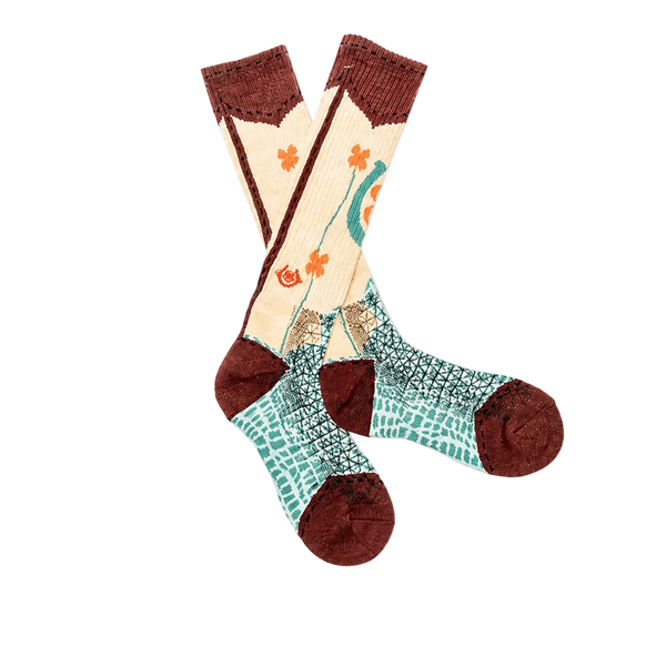 Pair of socks with floral pattern on a white background