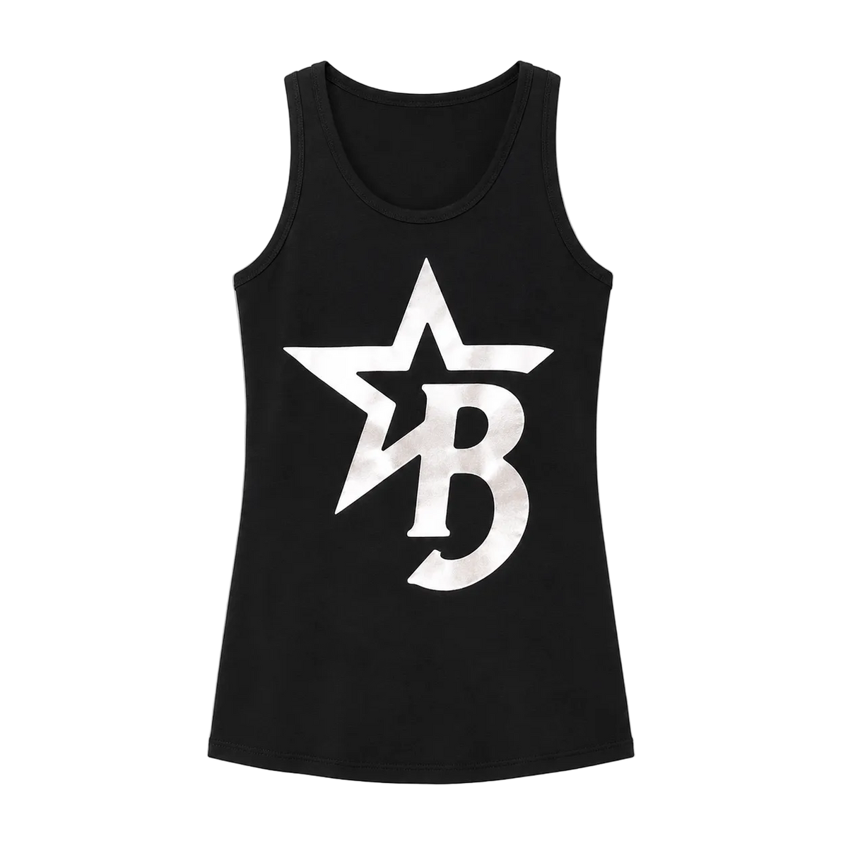 Black tank top with a white star and 'VB' logo on a transparent background