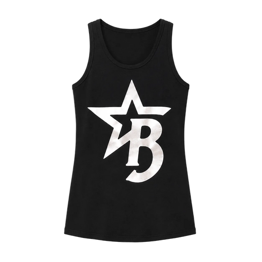 Black tank top with a white star and 'VB' logo on a transparent background