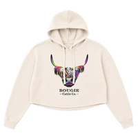 Beige hoodie with colorful cow graphic and 'Bougie Cattle Co.' text on a transparent background